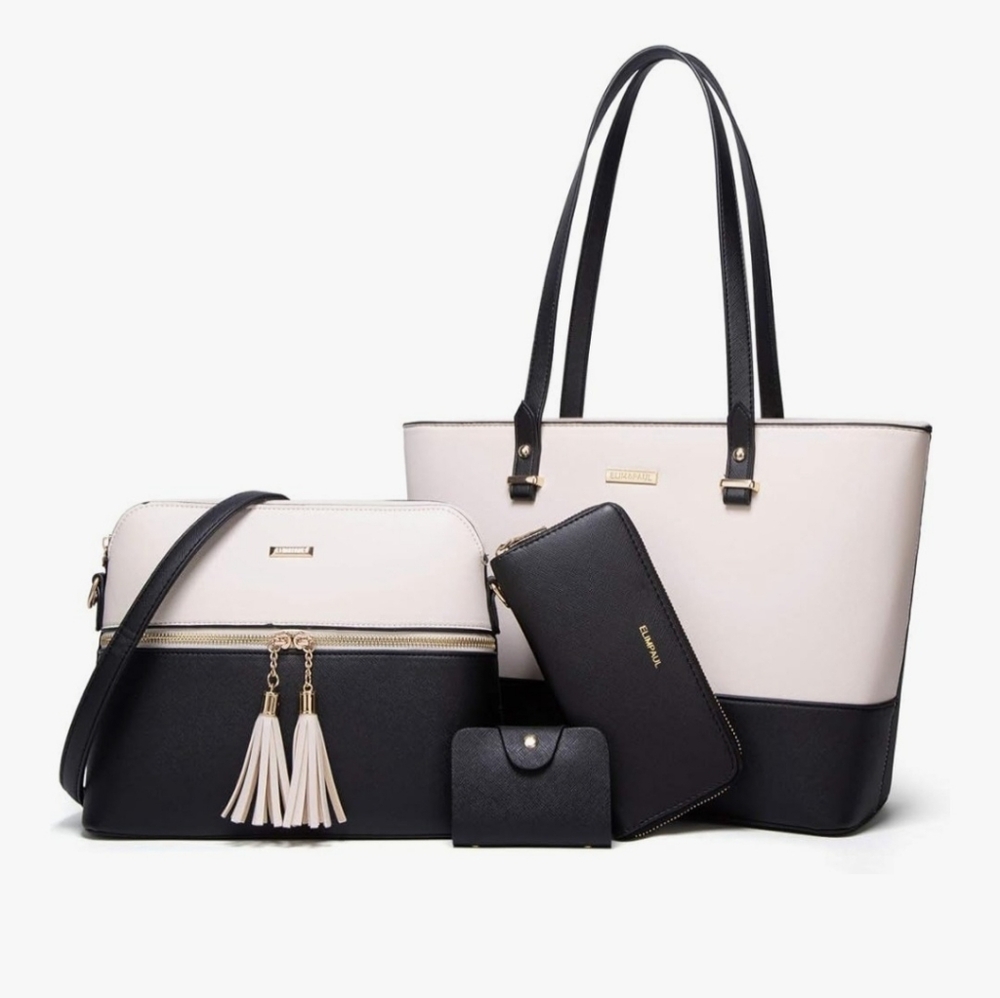 All NEW 4 Piece Purse SET Black/Ivory Faux Leather Tote, Shoulder Bag Bundle - Picture 3 of 13